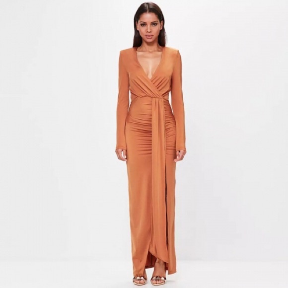 Dark Orange Long Sleeve Wrap Maxi Dress 